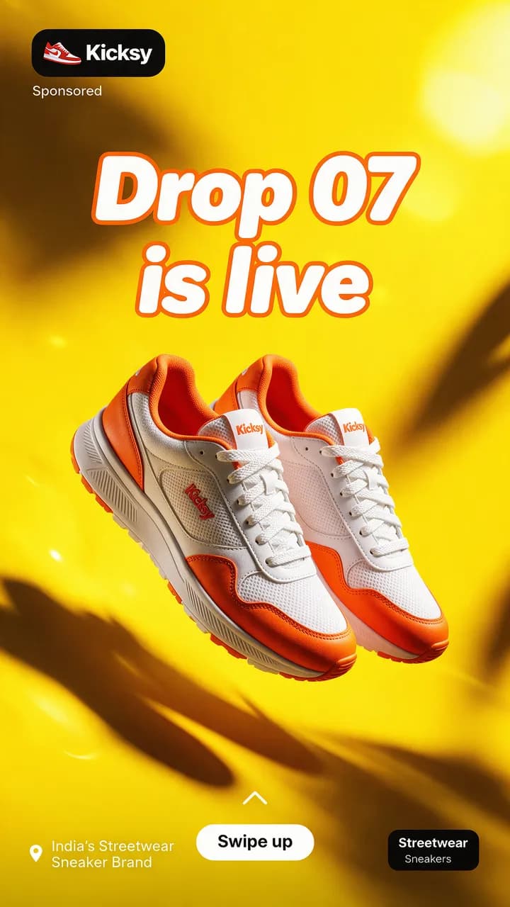 Sample ad creative: a vertical Snapchat story ad for a fictional sneaker brand, Kicksy, with an orange sneaker on yellow, “Drop 07 is live” and a Swipe up prompt