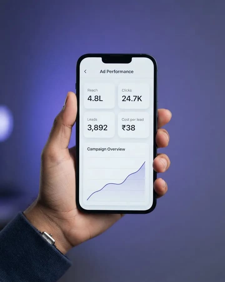 Illustration: a hand holding a phone showing a sample ads performance dashboard