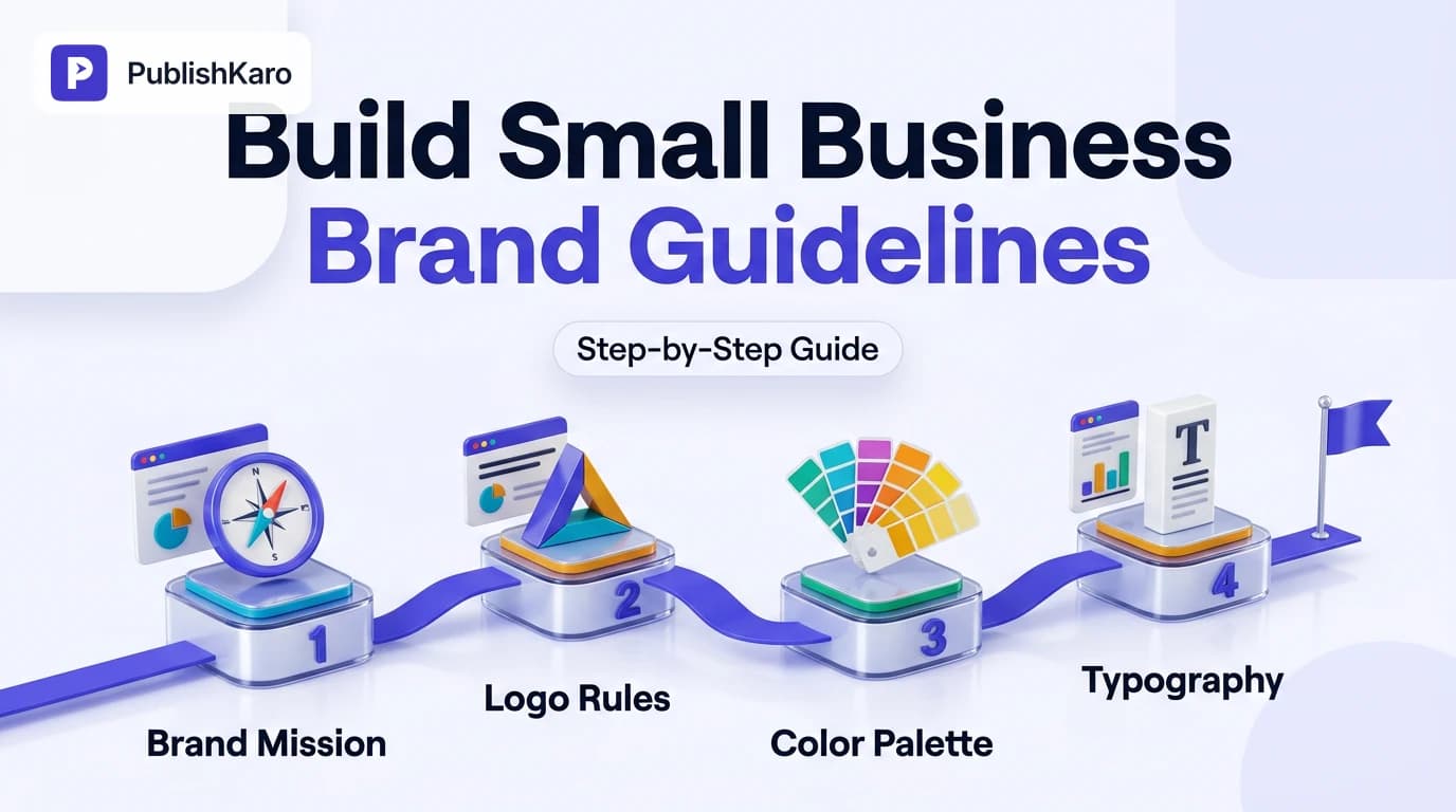 A designer reviewing a printed brand guideline document featuring color swatches, typography rules, and logo variations on a clean studio desk.