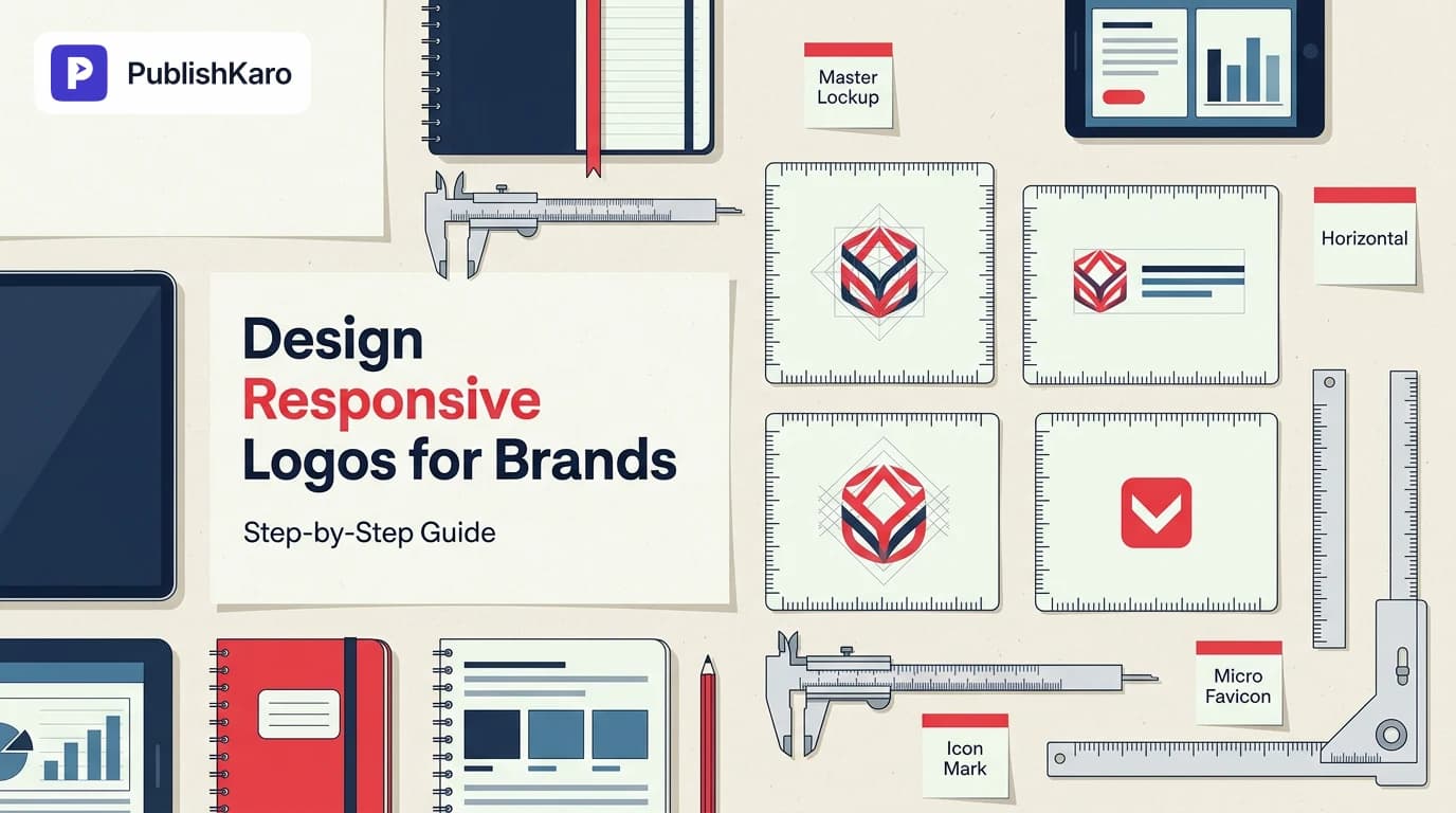 Four variations of a single responsive logo design displayed side by side across mobile, tablet, desktop, and favicon screen sizes.