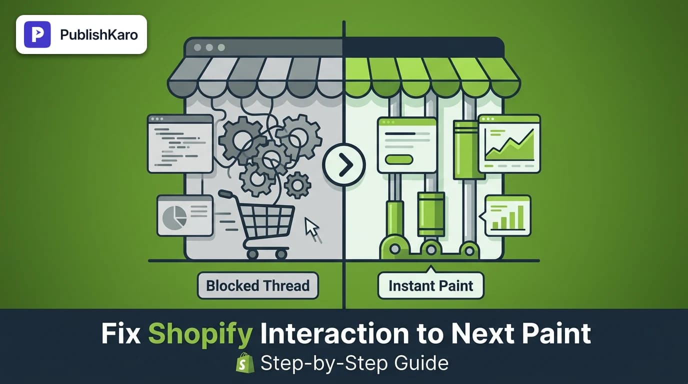 A developer inspecting Shopify store performance metrics and JavaScript interaction delays in Chrome DevTools on a laptop screen.