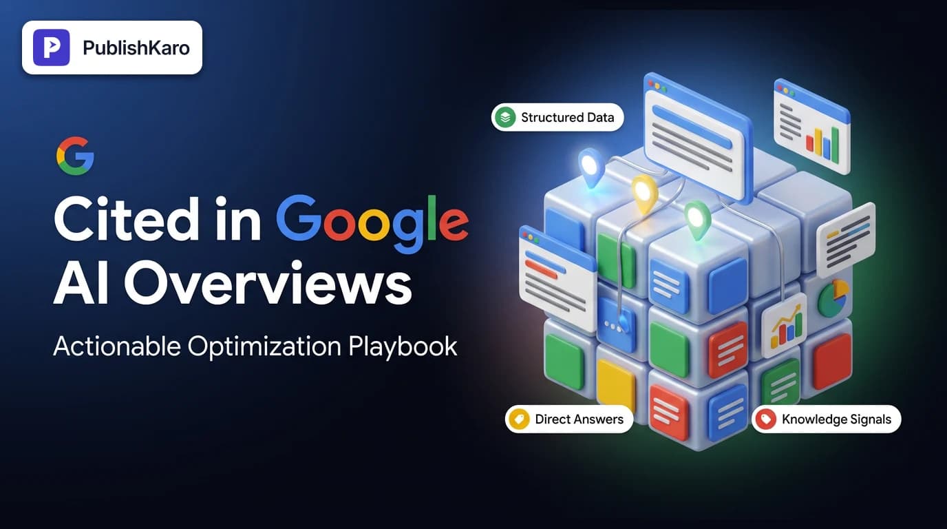 Digital marketing dashboard illustrating how to get cited in Google AI Overviews through structured content and technical optimization.