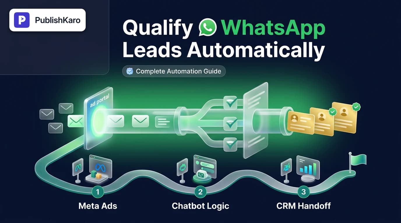 Digital marketing dashboard showing Click to WhatsApp advertising flow routing qualified leads to an automated chat interface.