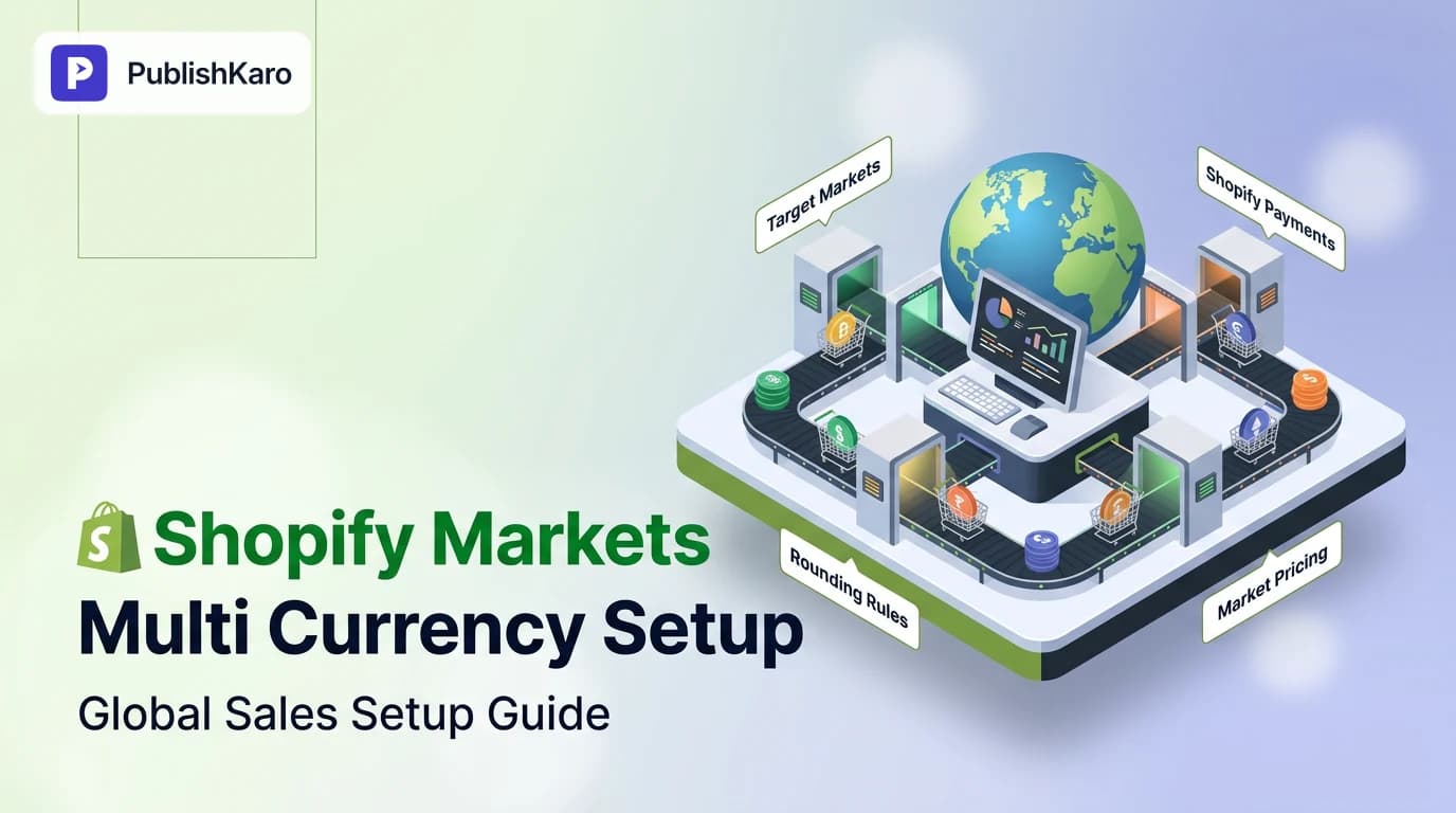 A modern laptop displaying the Shopify Markets settings dashboard alongside various international currency symbols.
