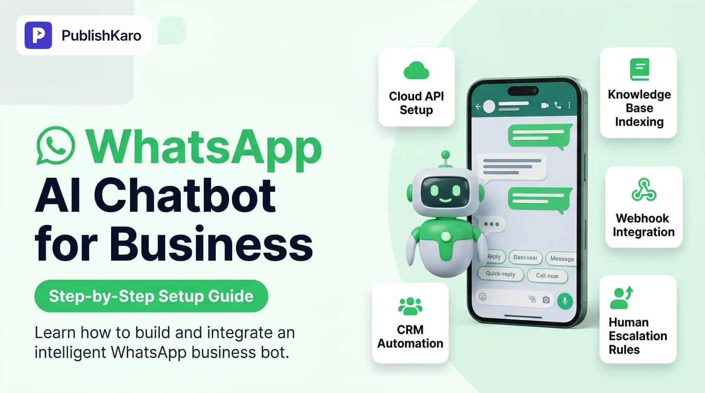 A digital smartphone interface displaying a clean WhatsApp AI chatbot conversation next to cloud API architecture nodes.