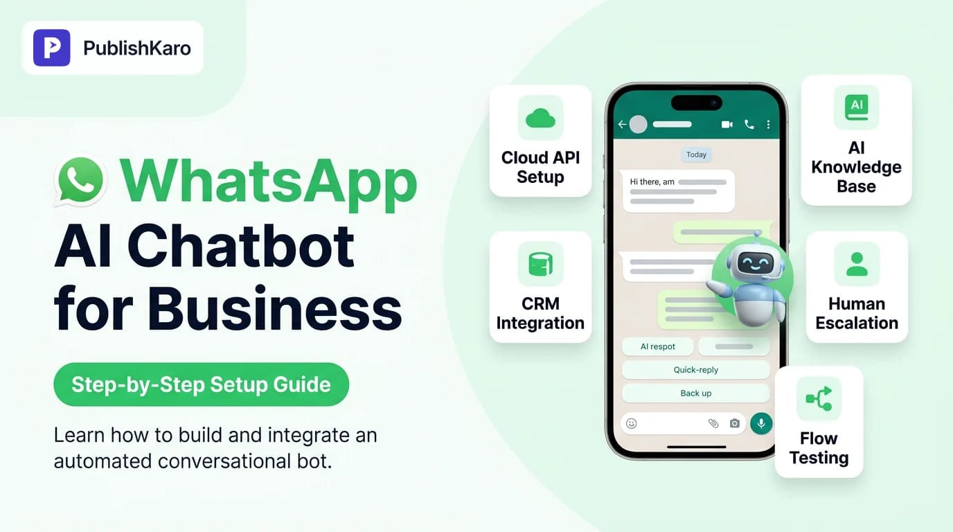 A digital smartphone interface displaying a clean WhatsApp AI chatbot conversation next to cloud API architecture nodes.