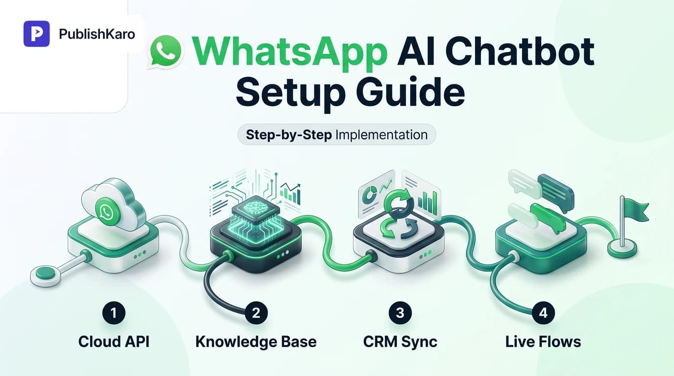 A digital smartphone interface displaying a clean WhatsApp AI chatbot conversation next to cloud API architecture nodes.