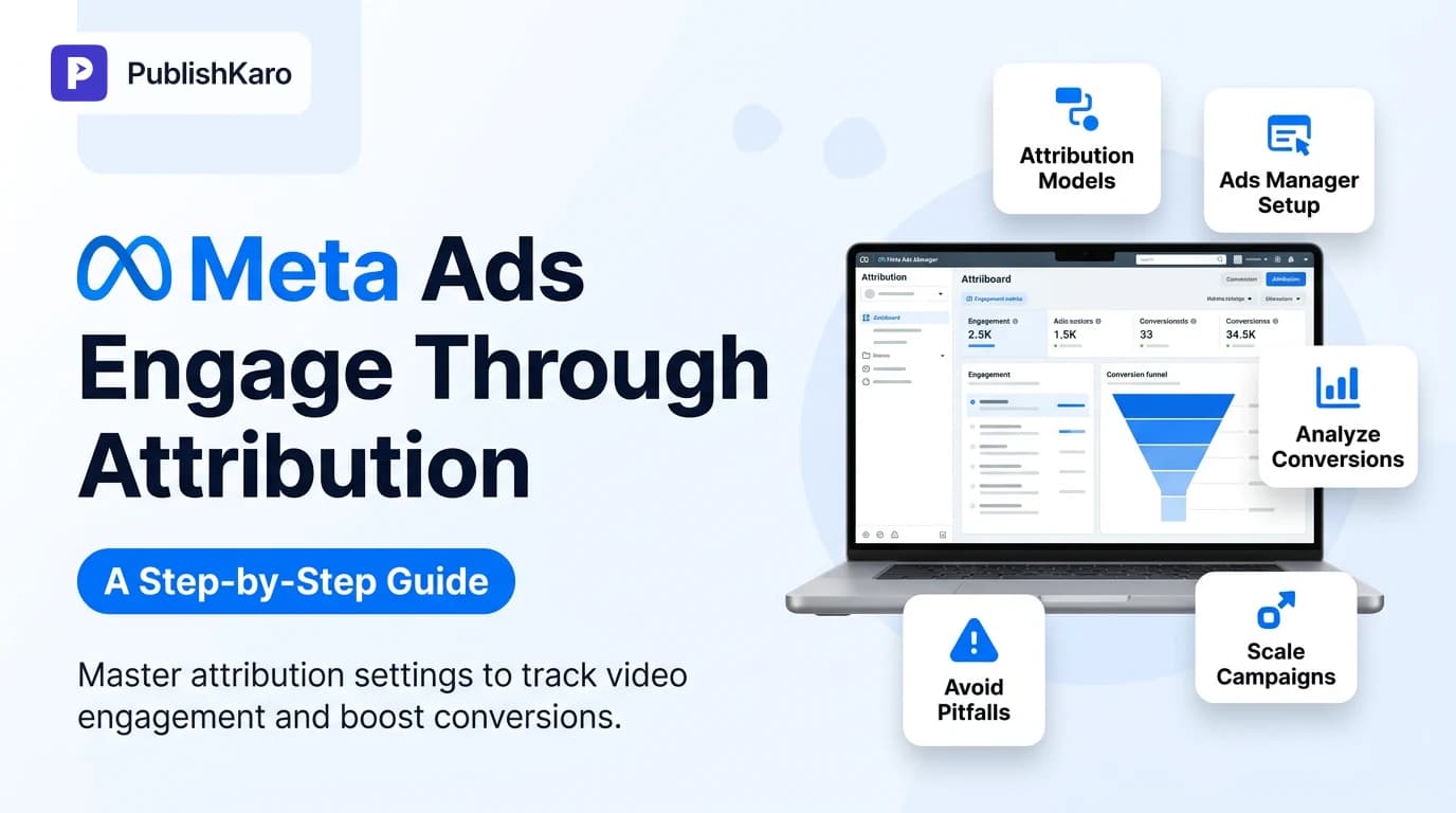 Digital marketing dashboard displaying Meta Ads attribution settings, click-through data, and conversion metrics on a laptop screen.
