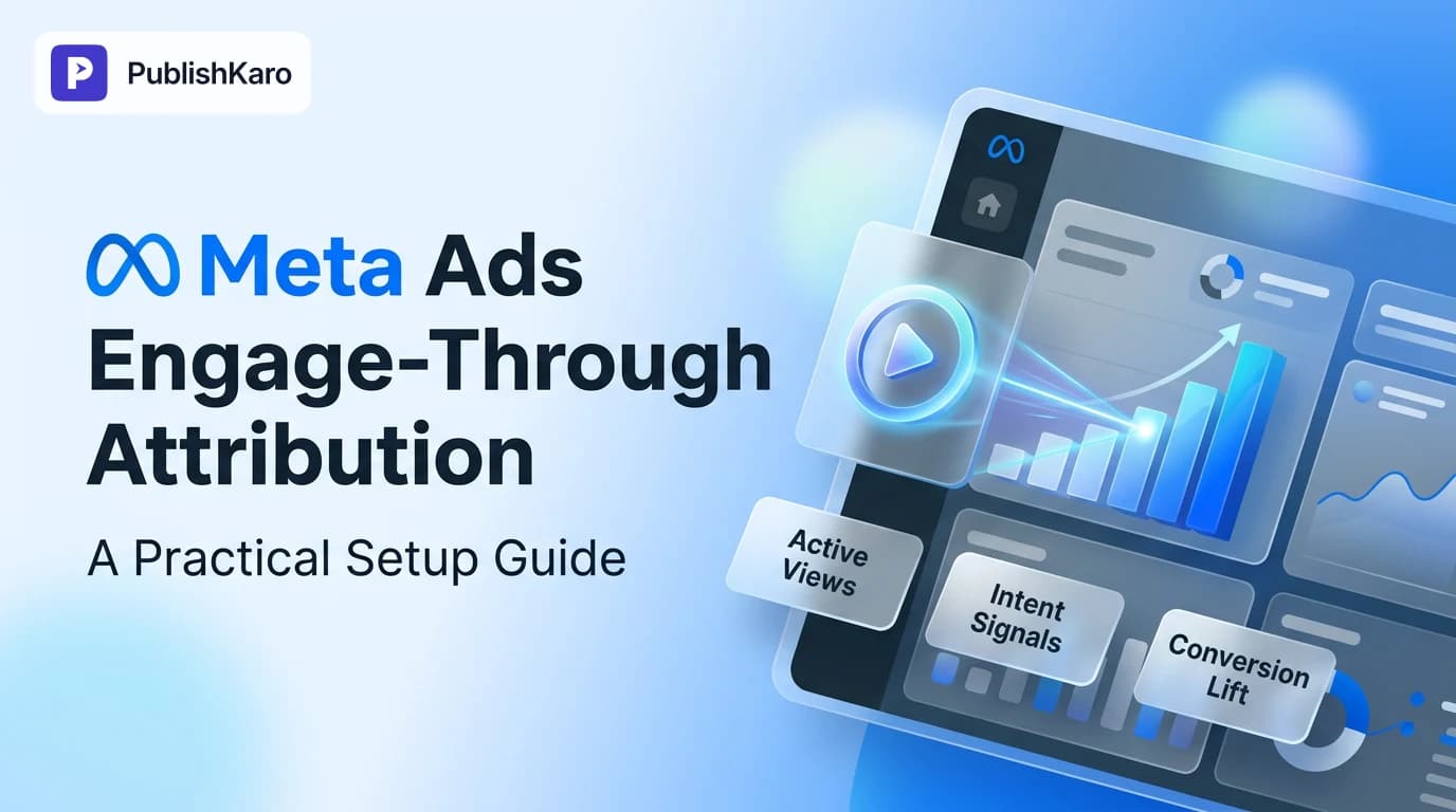 Digital marketing dashboard displaying Meta Ads attribution settings, click-through data, and conversion metrics on a laptop screen.